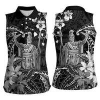 Hawaii King Kamehameha Day Women Sleeveless Polo Shirt Polynesian Pattern Mix Hibiscus Black