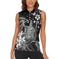 Hawaii King Kamehameha Day Women Sleeveless Polo Shirt Polynesian Pattern Mix Hibiscus Black