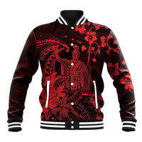 Hawaii King Kamehameha Day Baseball Jacket Polynesian Pattern Mix Hibiscus Red
