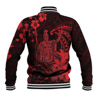Hawaii King Kamehameha Day Baseball Jacket Polynesian Pattern Mix Hibiscus Red