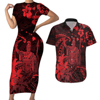 Hawaii King Kamehameha Day Couples Matching Short Sleeve Bodycon Dress and Hawaiian Shirt Polynesian Pattern Mix Hibiscus Red