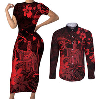 Hawaii King Kamehameha Day Couples Matching Short Sleeve Bodycon Dress and Long Sleeve Button Shirt Polynesian Pattern Mix Hibiscus Red