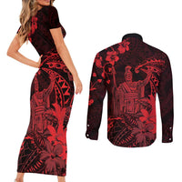 Hawaii King Kamehameha Day Couples Matching Short Sleeve Bodycon Dress and Long Sleeve Button Shirt Polynesian Pattern Mix Hibiscus Red