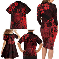 Hawaii King Kamehameha Day Family Matching Long Sleeve Bodycon Dress and Hawaiian Shirt Polynesian Pattern Mix Hibiscus Red