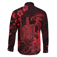 Hawaii King Kamehameha Day Family Matching Long Sleeve Bodycon Dress and Hawaiian Shirt Polynesian Pattern Mix Hibiscus Red