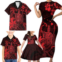 Hawaii King Kamehameha Day Family Matching Short Sleeve Bodycon Dress and Hawaiian Shirt Polynesian Pattern Mix Hibiscus Red