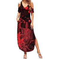 Hawaii King Kamehameha Day Family Matching Summer Maxi Dress and Hawaiian Shirt Polynesian Pattern Mix Hibiscus Red