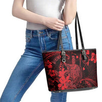 Hawaii King Kamehameha Day Leather Tote Bag Polynesian Pattern Mix Hibiscus Red