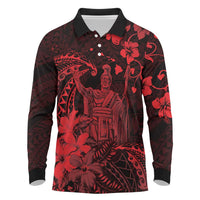 Hawaii King Kamehameha Day Long Sleeve Polo Shirt Polynesian Pattern Mix Hibiscus Red