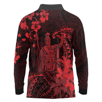 Hawaii King Kamehameha Day Long Sleeve Polo Shirt Polynesian Pattern Mix Hibiscus Red