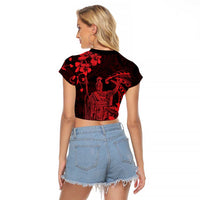 Hawaii King Kamehameha Day Raglan Cropped T Shirt Polynesian Pattern Mix Hibiscus Red
