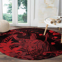Hawaii King Kamehameha Day Round Carpet Polynesian Pattern Mix Hibiscus Red