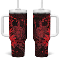 Hawaii King Kamehameha Day Tumbler With Handle Polynesian Pattern Mix Hibiscus Red