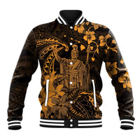 Hawaii King Kamehameha Day Baseball Jacket Polynesian Pattern Mix Hibiscus Gold