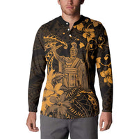 Hawaii King Kamehameha Day Button Sweatshirt Polynesian Pattern Mix Hibiscus Gold