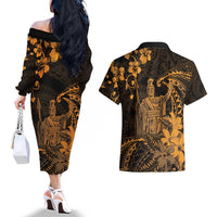 Hawaii King Kamehameha Day Couples Matching Off The Shoulder Long Sleeve Dress and Hawaiian Shirt Polynesian Pattern Mix Hibiscus Gold