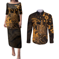 Hawaii King Kamehameha Day Couples Matching Puletasi and Long Sleeve Button Shirt Polynesian Pattern Mix Hibiscus Gold