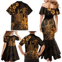 Hawaii King Kamehameha Day Family Matching Mermaid Dress and Hawaiian Shirt Polynesian Pattern Mix Hibiscus Gold