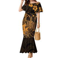 Hawaii King Kamehameha Day Family Matching Mermaid Dress and Hawaiian Shirt Polynesian Pattern Mix Hibiscus Gold