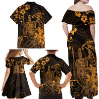 Hawaii King Kamehameha Day Family Matching Off Shoulder Maxi Dress and Hawaiian Shirt Polynesian Pattern Mix Hibiscus Gold
