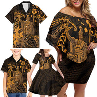 Hawaii King Kamehameha Day Family Matching Off Shoulder Short Dress and Hawaiian Shirt Polynesian Pattern Mix Hibiscus Gold