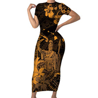 Hawaii King Kamehameha Day Family Matching Short Sleeve Bodycon Dress and Hawaiian Shirt Polynesian Pattern Mix Hibiscus Gold