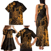 Hawaii King Kamehameha Day Family Matching Tank Maxi Dress and Hawaiian Shirt Polynesian Pattern Mix Hibiscus Gold