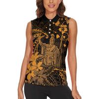 Hawaii King Kamehameha Day Women Sleeveless Polo Shirt Polynesian Pattern Mix Hibiscus Gold