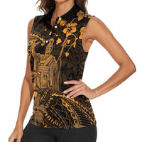 Hawaii King Kamehameha Day Women Sleeveless Polo Shirt Polynesian Pattern Mix Hibiscus Gold