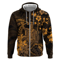 Hawaii King Kamehameha Day Zip Hoodie Polynesian Pattern Mix Hibiscus Gold