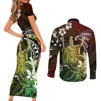 Hawaii King Kamehameha Day Couples Matching Short Sleeve Bodycon Dress and Long Sleeve Button Shirt Polynesian Pattern Mix Hibiscus Reggae