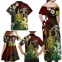 Hawaii King Kamehameha Day Family Matching Off Shoulder Maxi Dress and Hawaiian Shirt Polynesian Pattern Mix Hibiscus Reggae