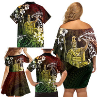 Hawaii King Kamehameha Day Family Matching Off Shoulder Short Dress and Hawaiian Shirt Polynesian Pattern Mix Hibiscus Reggae