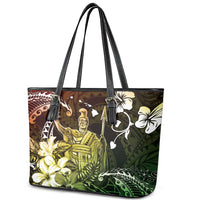 Hawaii King Kamehameha Day Leather Tote Bag Polynesian Pattern Mix Hibiscus Reggae