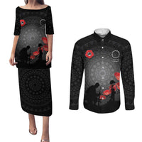 Cook Islands ANZAC Day Couples Matching Puletasi and Long Sleeve Button Shirt Soldier Silhouette Remembrance LT05 Black - Polynesian Pride