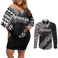 Hawaii Papakolea Born And Raised Couples Matching Off Shoulder Short Dress and Long Sleeve Button Shirt Hawaiian Tribal Pattern LT05 Black - Polynesian Pride