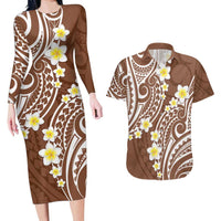 Plumeria With Brown Polynesian Tattoo Pattern Couples Matching Long Sleeve Bodycon Dress and Hawaiian Shirt LT05 Brown - Polynesian Pride