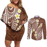 Plumeria With Brown Polynesian Tattoo Pattern Couples Matching Off Shoulder Short Dress and Long Sleeve Button Shirt LT05 Brown - Polynesian Pride