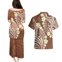 Plumeria With Brown Polynesian Tattoo Pattern Couples Matching Puletasi and Hawaiian Shirt LT05 - Polynesian Pride