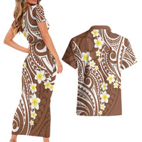 Plumeria With Brown Polynesian Tattoo Pattern Couples Matching Short Sleeve Bodycon Dress and Hawaiian Shirt LT05 - Polynesian Pride