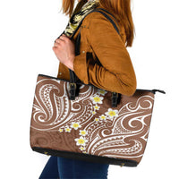 Plumeria With Brown Polynesian Tattoo Pattern Leather Tote Bag LT05 Brown - Polynesian Pride