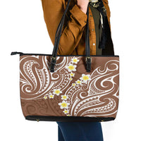 Plumeria With Brown Polynesian Tattoo Pattern Leather Tote Bag LT05 - Polynesian Pride