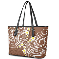 Plumeria With Brown Polynesian Tattoo Pattern Leather Tote Bag LT05 - Polynesian Pride
