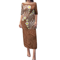 Plumeria With Brown Polynesian Tattoo Pattern Puletasi LT05 Long Dress Brown - Polynesian Pride