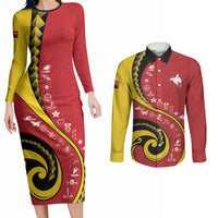 Papua New Guinea Independence Couples Matching Long Sleeve Bodycon Dress and Long Sleeve Button Shirt Special Style Red Version LT05 Red - Polynesian Pride