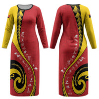 Papua New Guinea Independence Couples Matching Long Sleeve Bodycon Dress and Long Sleeve Button Shirt Special Style Red Version LT05 - Polynesian Pride