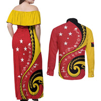 Papua New Guinea Independence Couples Matching Off Shoulder Maxi Dress and Long Sleeve Button Shirt Special Style Red Version LT05 - Polynesian Pride