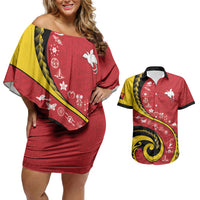 Papua New Guinea Independence Couples Matching Off Shoulder Short Dress and Hawaiian Shirt Special Style Red Version LT05 Red - Polynesian Pride