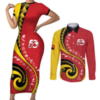 Papua New Guinea Independence Couples Matching Short Sleeve Bodycon Dress and Long Sleeve Button Shirt Special Style Red Version LT05 Red - Polynesian Pride