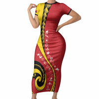 Papua New Guinea 50th Independence Anniversary Short Sleeve Bodycon Dress Special Style Red Version LT05 Long Dress Red - Polynesian Pride